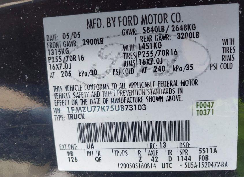 Photo 9 of 2005 Ford Explorer SPORT TRAC ADRENALIN/XLS/XLT (VIN 1FMZU77K75UB73103)