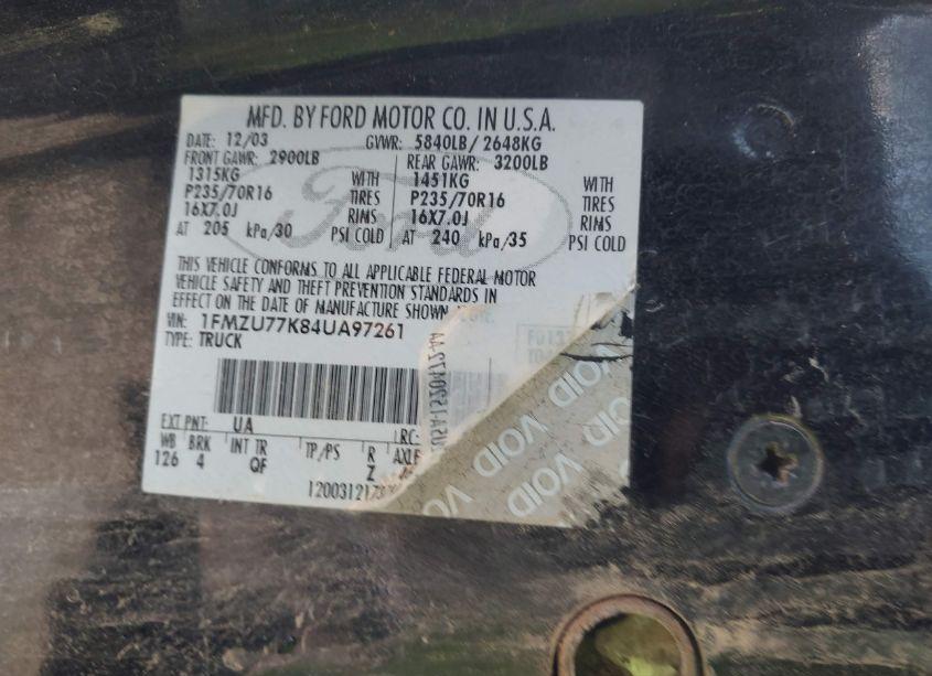 Photo 9 of 2004 Ford Explorer SPORT TRAC ADRENALIN/XLS/XLT (VIN 1FMZU77K84UA97261)