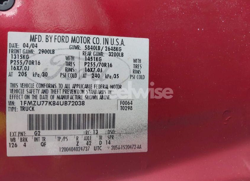 Photo 9 of 2004 Ford Explorer SPORT TRAC ADRENALIN/XLS/XLT (VIN 1FMZU77K84UB72038)