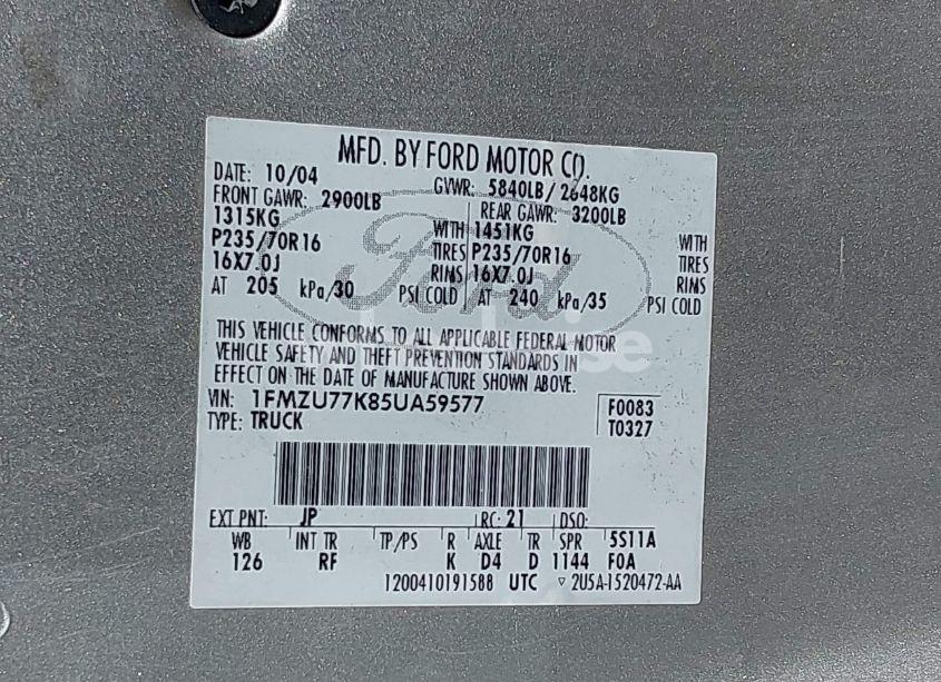 Photo 9 of 2005 Ford Explorer SPORT TRAC ADRENALIN/XLS/XLT (VIN 1FMZU77K85UA59577)