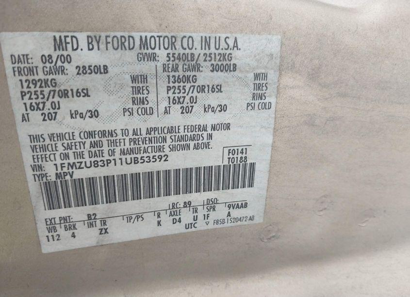 Photo 9 of 2001 Ford Explorer XLT (VIN 1FMZU83P11UB53592)