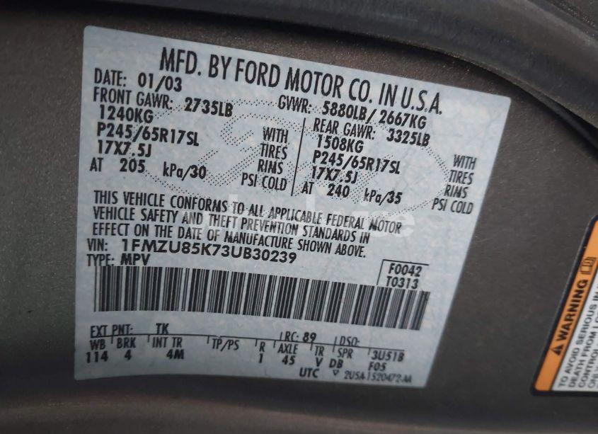 Photo 9 of 2003 Ford Explorer LIMITED (VIN 1FMZU85K73UB30239)