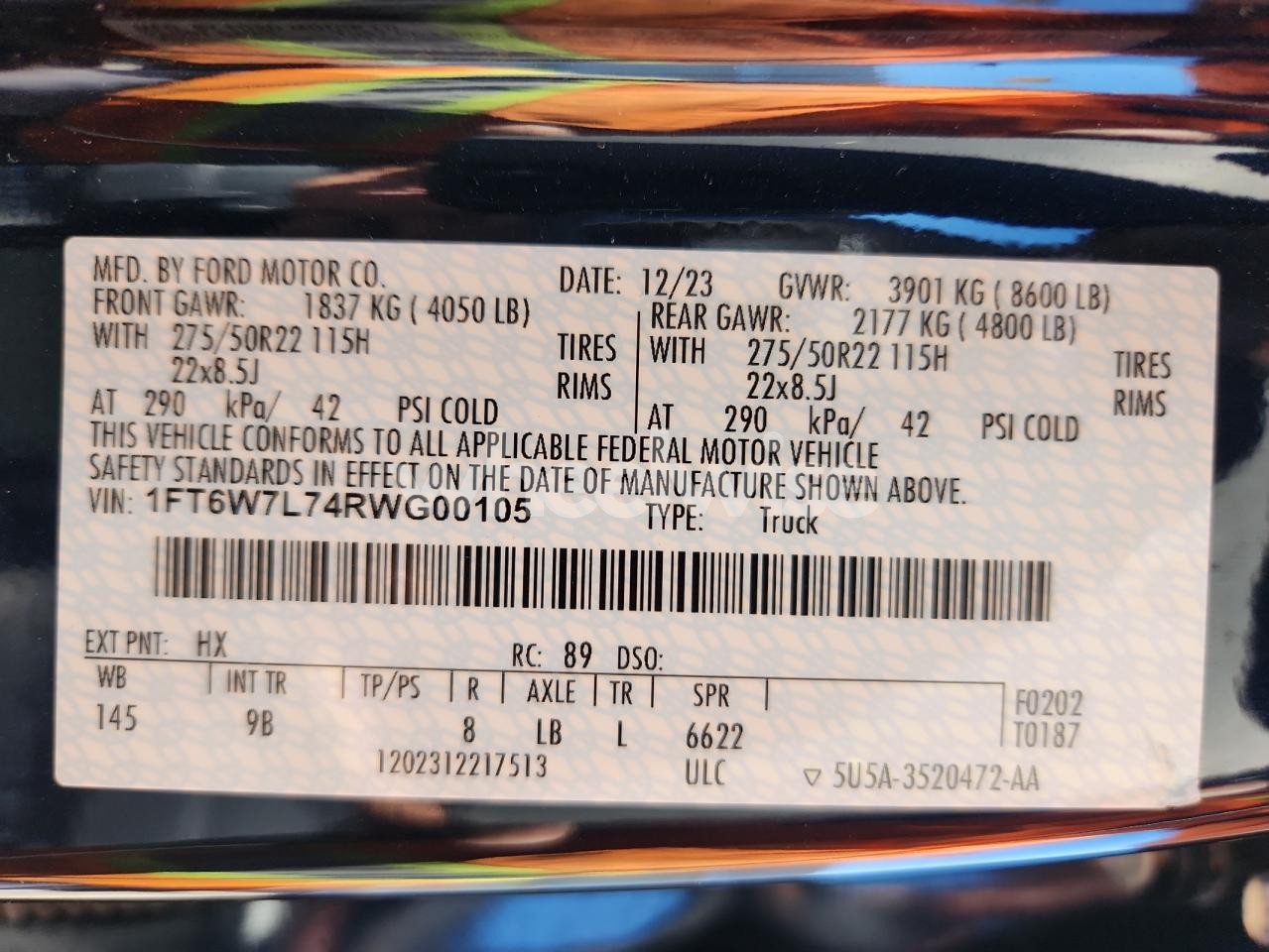 Photo 13 of 2024 FORD F150 LIGHTNING PLATINUM (VIN 1FT6W7L74RWG00105)