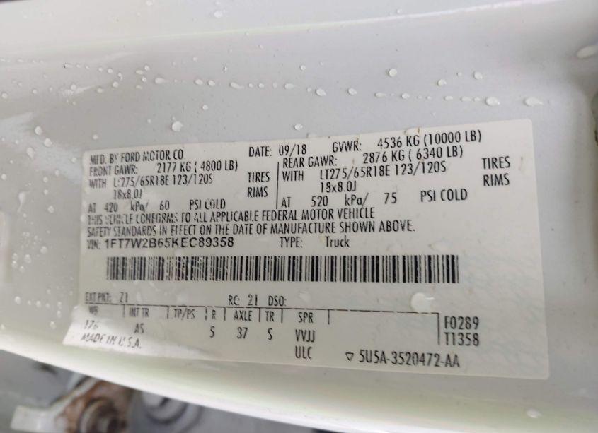 Photo 9 of 2019 Ford F-250 XL (VIN 1FT7W2B65KEC89358)