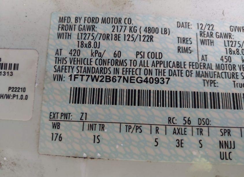 Photo 9 of 2022 Ford F-250 XL (VIN 1FT7W2B67NEG40937)