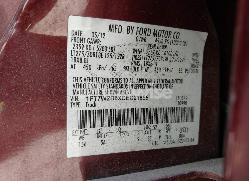 Photo 9 of 2012 Ford F-250 LARIAT (VIN 1FT7W2B6XCEC21655)