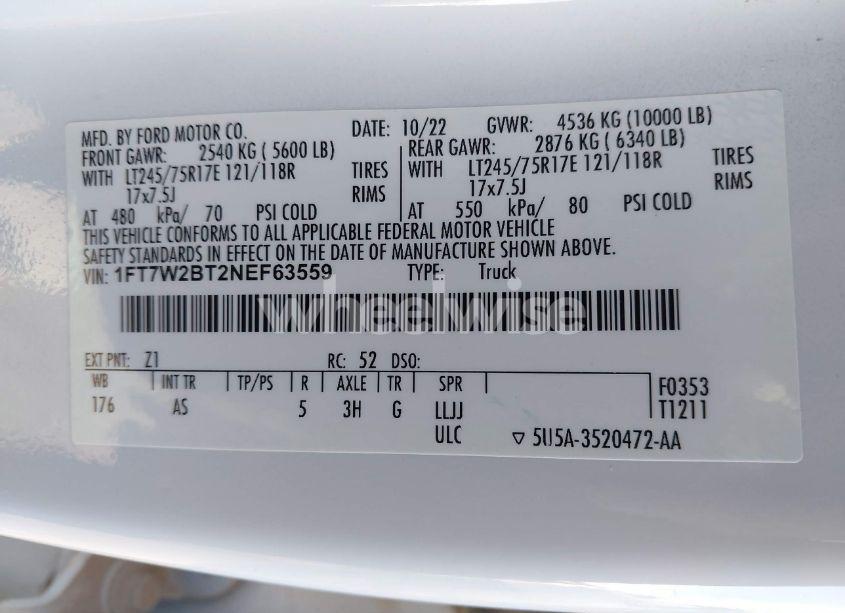 Photo 9 of 2022 Ford F-250 XL (VIN 1FT7W2BT2NEF63559)