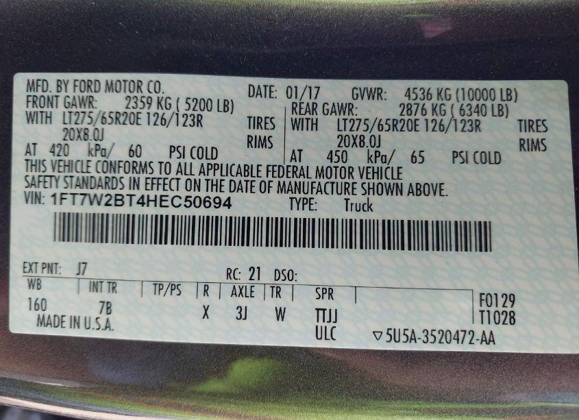 Photo 9 of 2017 Ford F-250 PLATINUM (VIN 1FT7W2BT4HEC50694)