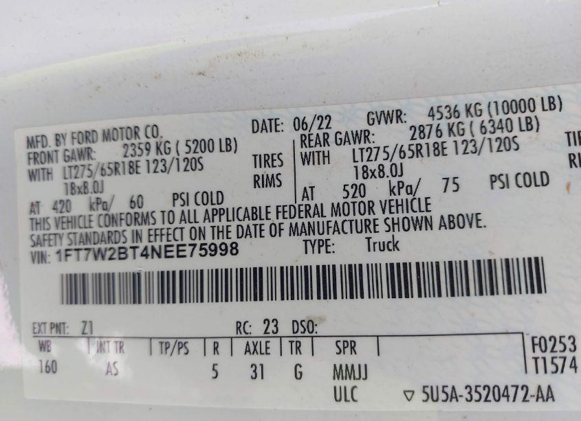 Photo 9 of 2022 Ford F-250 XL (VIN 1FT7W2BT4NEE75998)