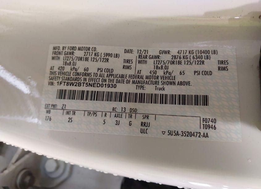Photo 9 of 2022 Ford F-250 XLT (VIN 1FT8W2BT5NED01930)
