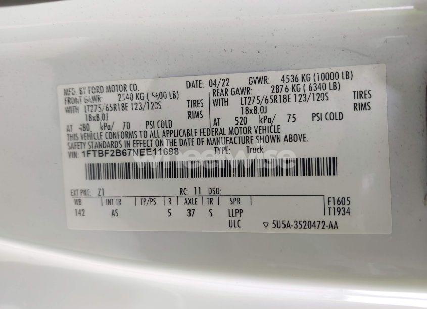 Photo 9 of 2022 Ford F-250 XL (VIN 1FTBF2B67NEE11698)