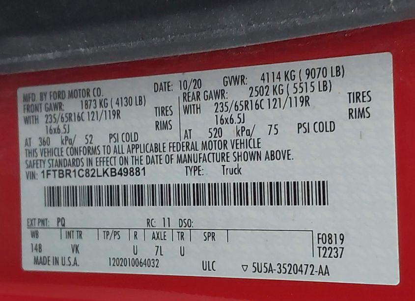 Photo 9 of 2020 Ford Transit-250 CARGO VAN (VIN 1FTBR1C82LKB49881)