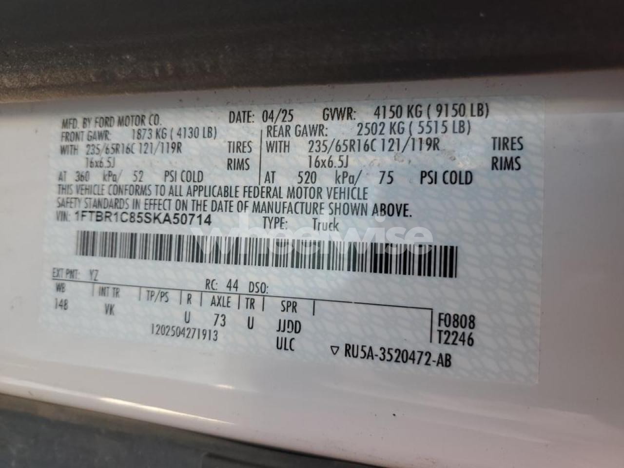 Photo 13 of 2025 FORD TRANSIT DELIVERY VAN (VIN 1FTBR1C85SKA50714)