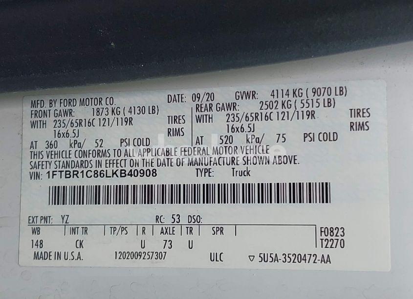 Photo 9 of 2020 Ford Transit-250 N/A (VIN 1FTBR1C86LKB40908)