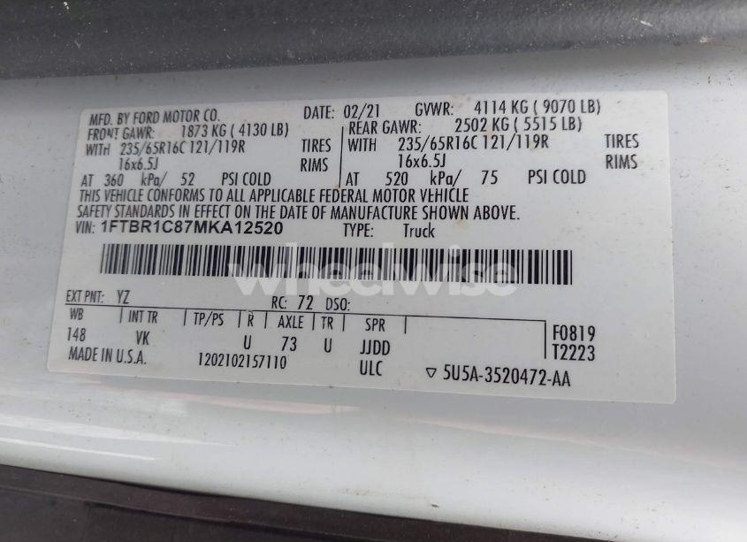 Photo 9 of 2021 Ford Transit-250 (VIN 1FTBR1C87MKA12520)