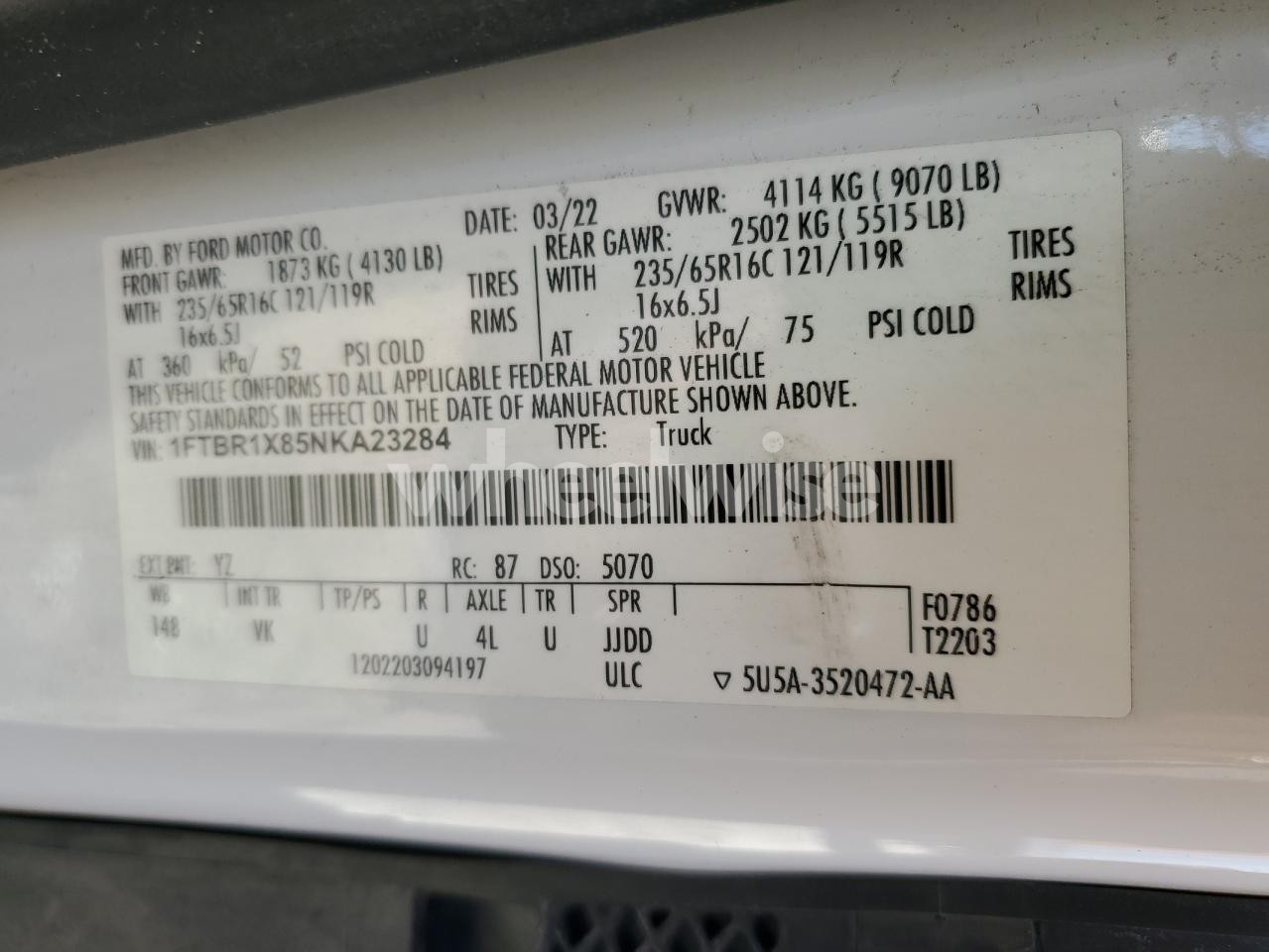 Photo 14 of 2022 FORD TRANSIT DELIVERY VAN (VIN 1FTBR1X85NKA23284)