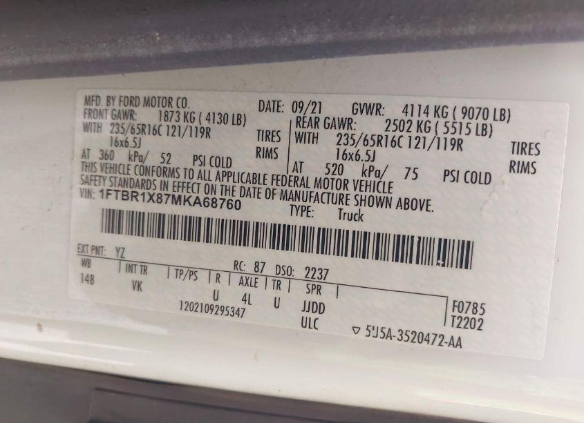 Photo 9 of 2021 Ford Transit-250 (VIN 1FTBR1X87MKA68760)