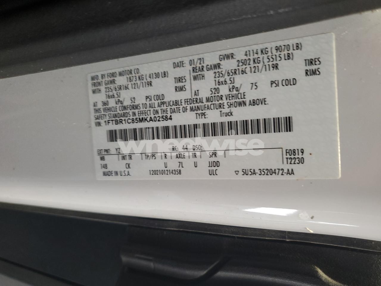 Photo 13 of 2021 FORD TRANSIT T-250 (VIN 1FTBR1X87MKA84103)