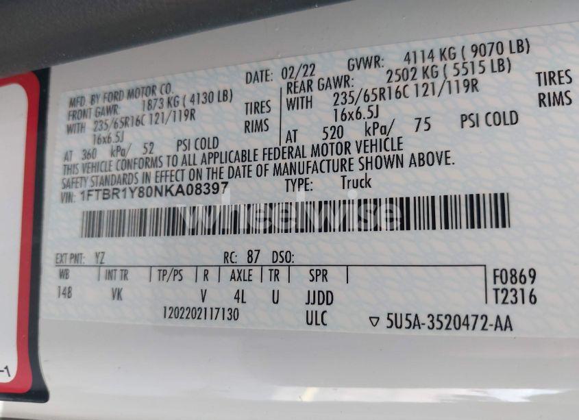 Photo 8 of 2022 Ford Transit-250 N/A (VIN 1FTBR1Y80NKA08397)