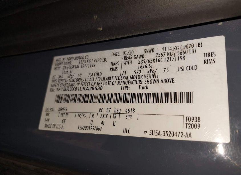 Photo 9 of 2020 Ford Transit-250 CARGO VAN (VIN 1FTBR3X81LKA28538)