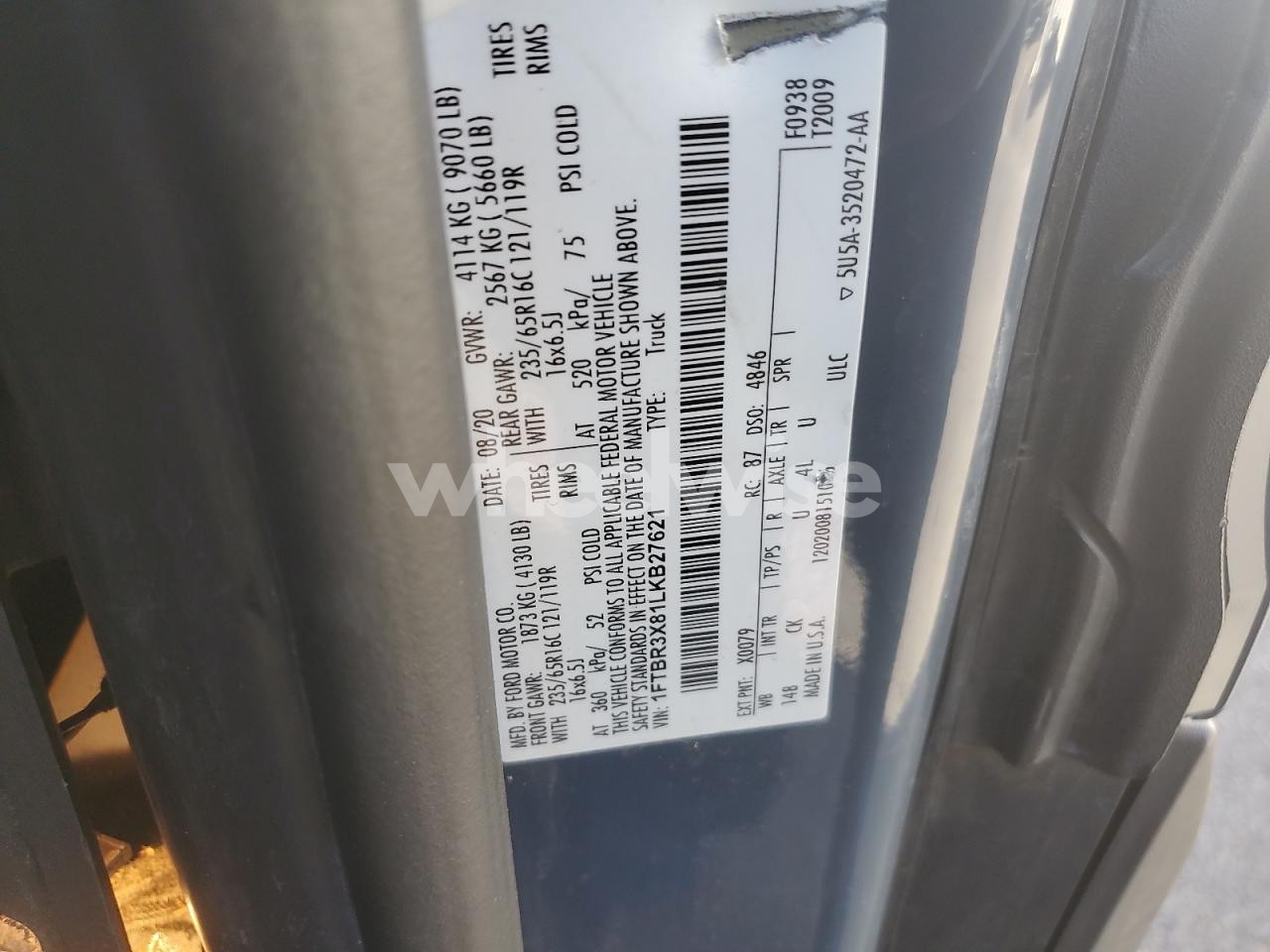 Photo 13 of 2020 FORD TRANSIT T-250 (VIN 1FTBR3X81LKB27621)