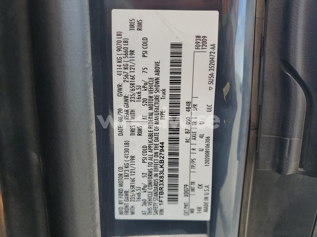 Photo 14 of 2020 FORD TRANSIT T-250 (VIN 1FTBR3X83LKB27944)