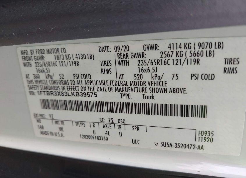 Photo 10 of 2020 Ford Transit-250 CARGO VAN (VIN 1FTBR3X83LKB39575)