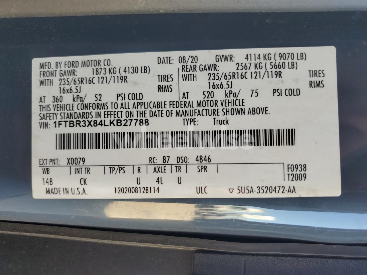 Photo 13 of 2020 FORD TRANSIT T-250 (VIN 1FTBR3X84LKB27788)