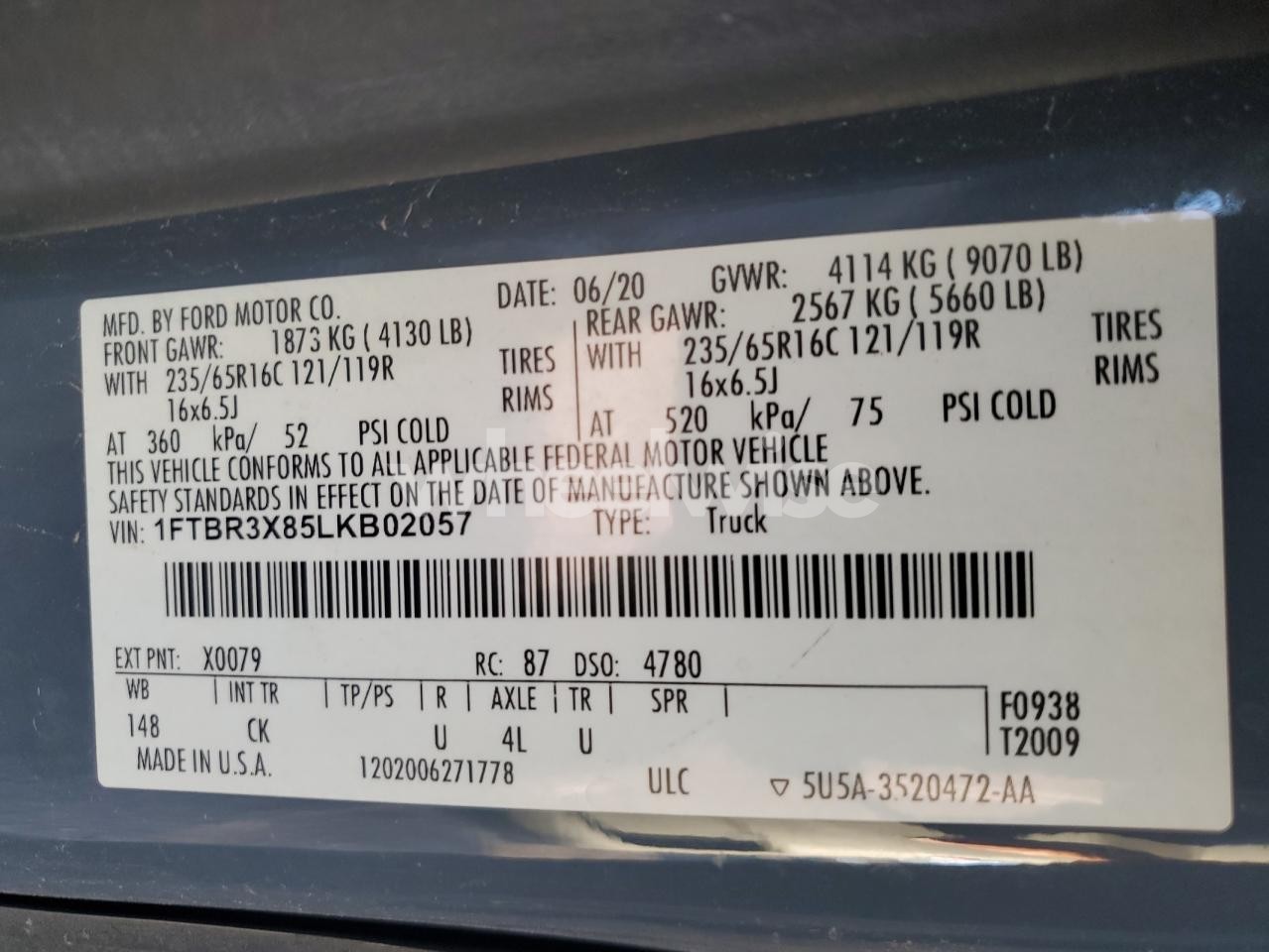 Photo 12 of 2020 FORD TRANSIT T-250 (VIN 1FTBR3X85LKB02057)