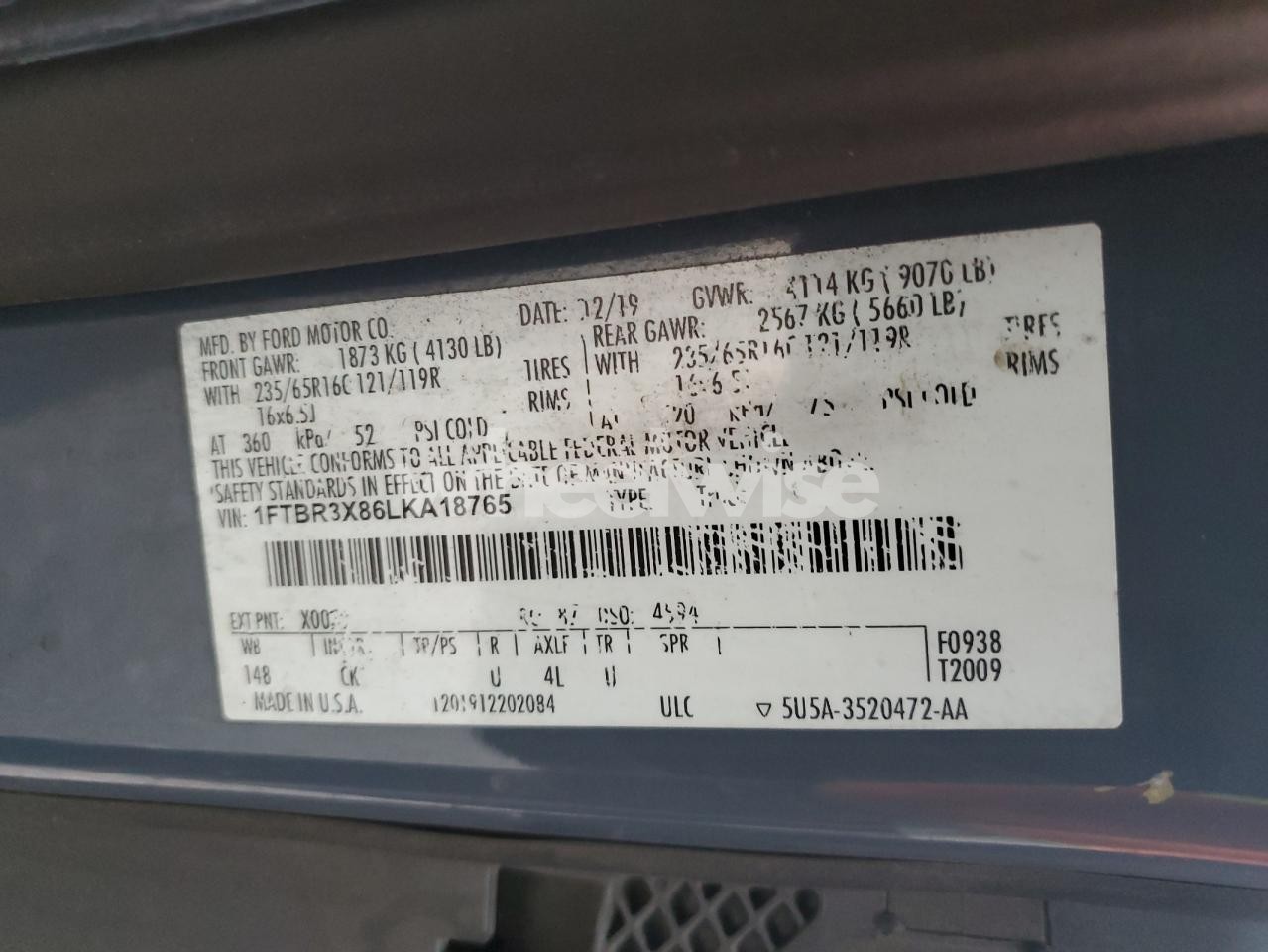 Photo 13 of 2020 FORD TRANSIT T-250 (VIN 1FTBR3X86LKA18765)