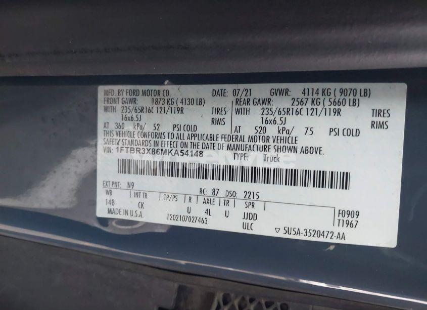 Photo 9 of 2021 Ford Transit-250 CARGO VAN (VIN 1FTBR3X86MKA54148)