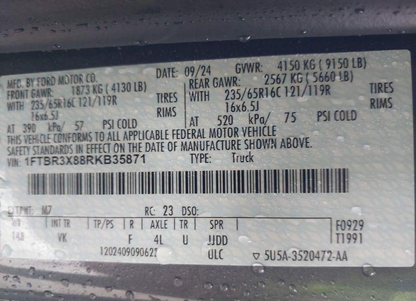 Photo 9 of 2024 Ford Transit-250 CARGO VAN (VIN 1FTBR3X88RKB35871)