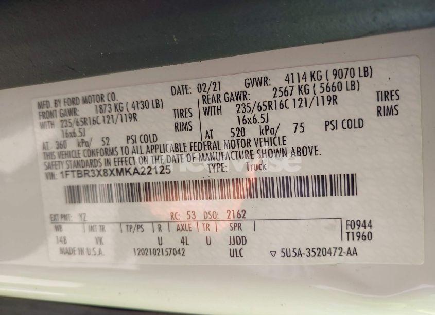 Photo 9 of 2021 Ford Transit-250 CARGO VAN (VIN 1FTBR3X8XMKA22125)