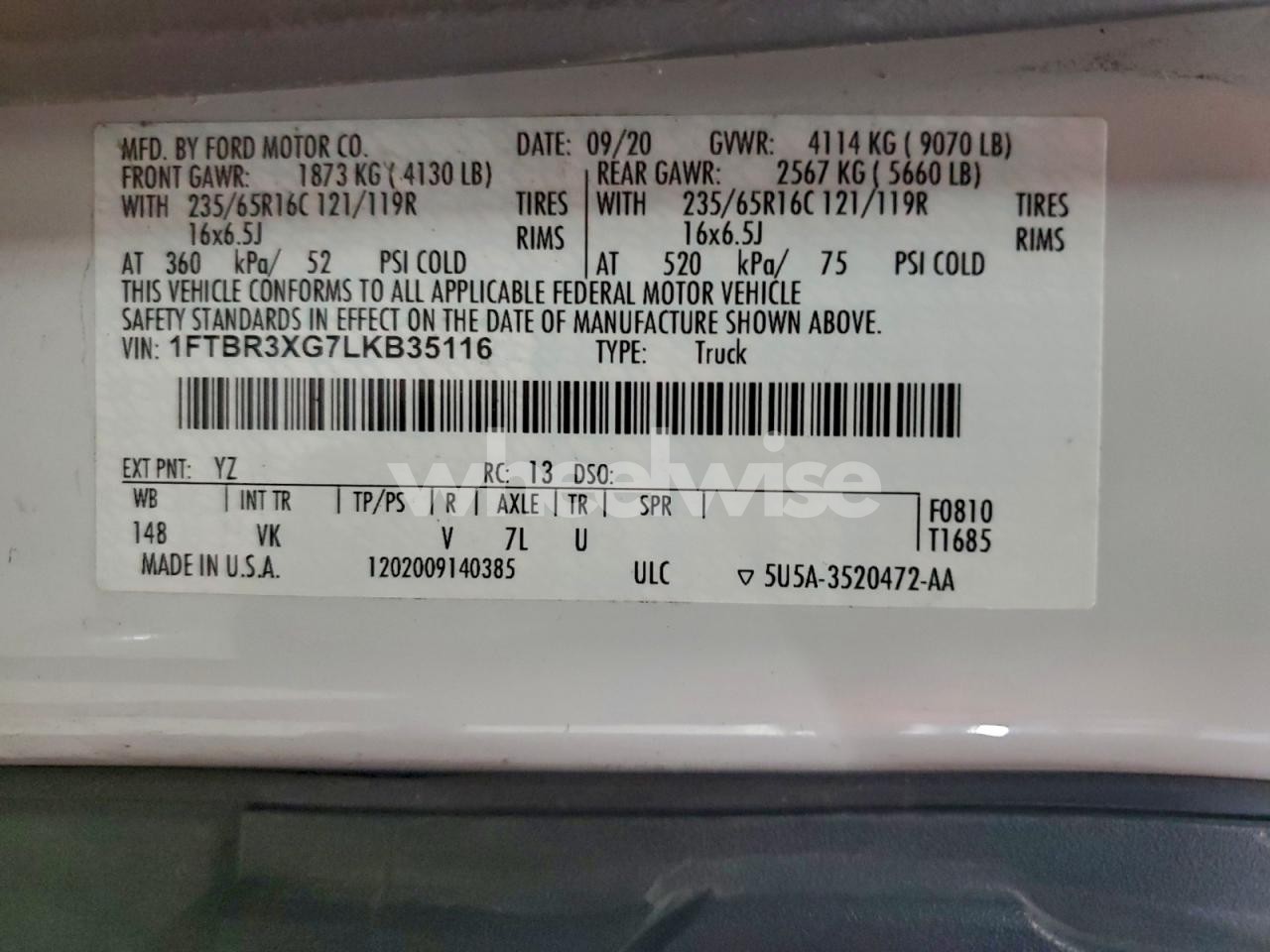 Photo 13 of 2020 FORD TRANSIT T-250 (VIN 1FTBR3XG7LKB35116)