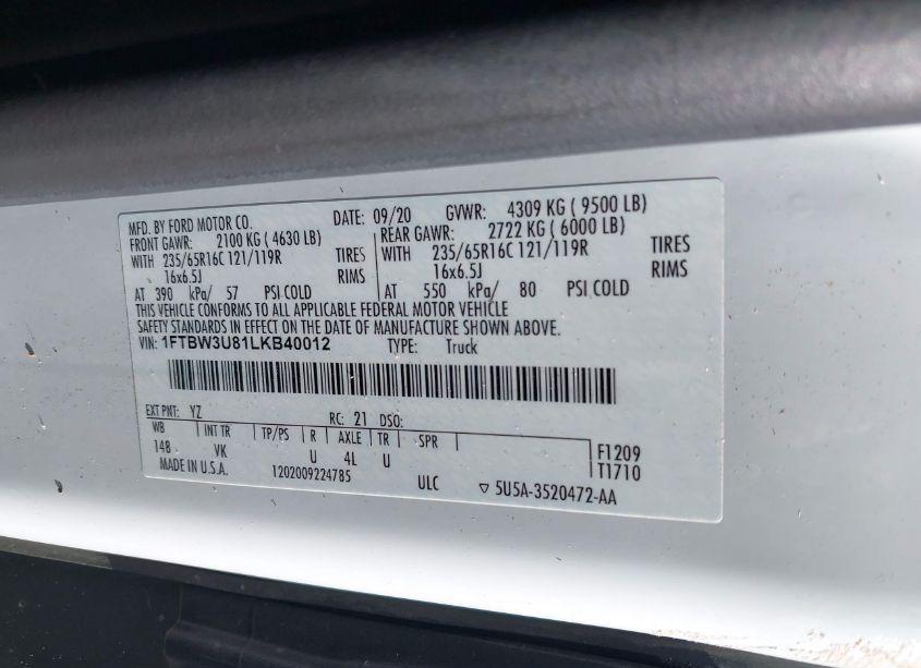 Photo 9 of 2020 Ford Transit-350 CARGO VAN (VIN 1FTBW3U81LKB40012)