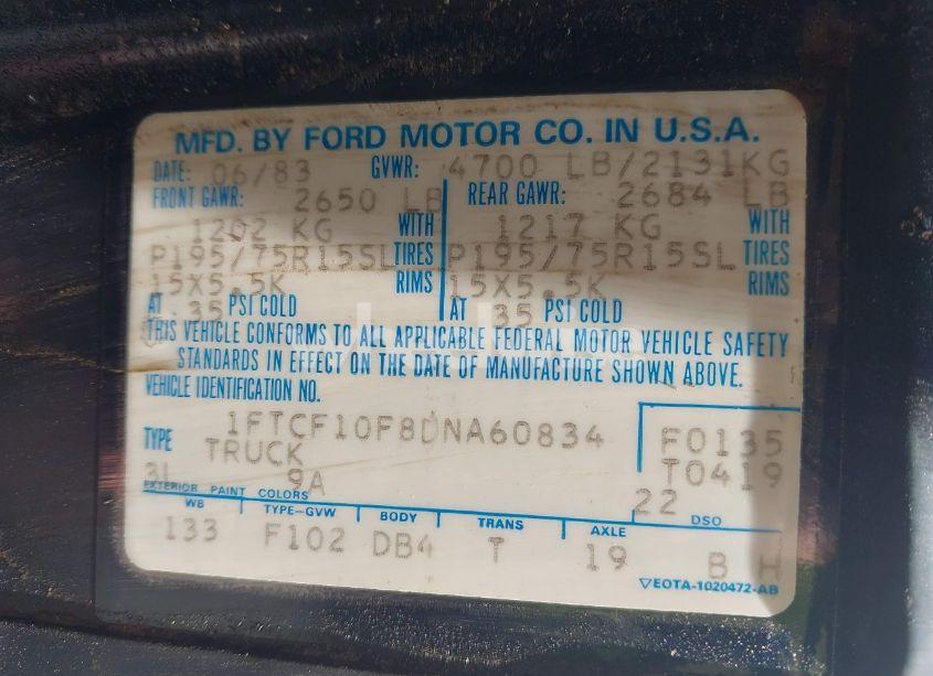 Photo 9 of 1983 Ford F100 (VIN 1FTCF10F8DNA60834)