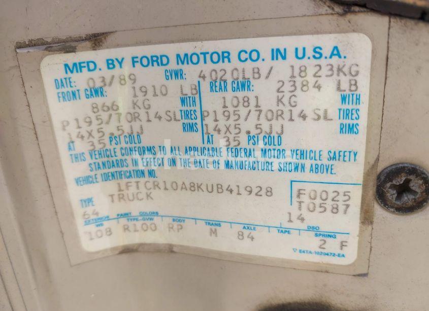 Photo 9 of 1989 Ford Ranger (VIN 1FTCR10A8KUB41928)