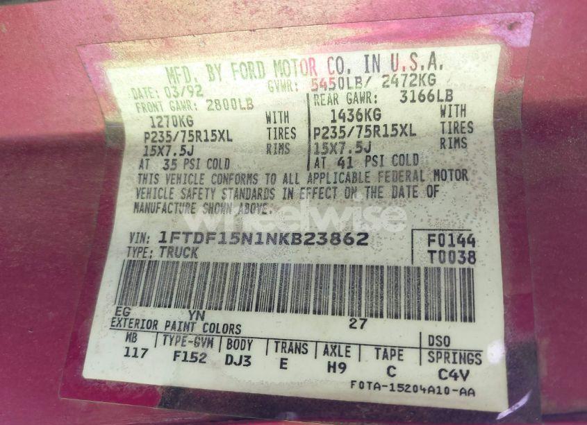 Photo 9 of 1992 Ford F150 (VIN 1FTDF15N1NKB23862)