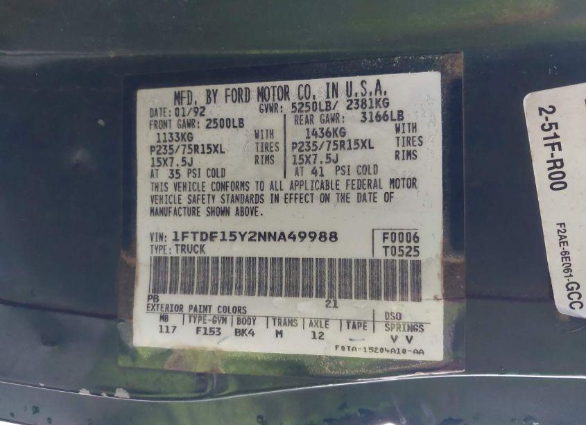 Photo 9 of 1992 Ford F150 (VIN 1FTDF15Y2NNA49988)