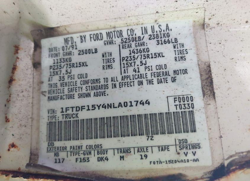 Photo 9 of 1992 Ford F150 (VIN 1FTDF15Y4NLA01744)