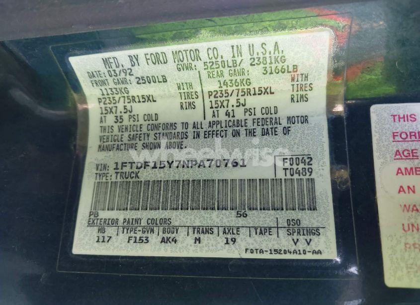 Photo 9 of 1992 Ford F150 (VIN 1FTDF15Y7NPA70761)