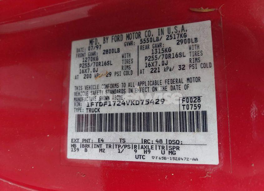 Photo 9 of 1997 Ford F-150 STANDARD/XL/XLT (VIN 1FTDF1724VKD75429)