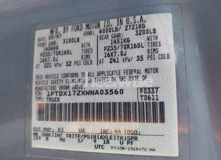 Photo 9 of 1998 Ford F-150 STANDARD/XL/XLT (VIN 1FTDX172XWNA03560)