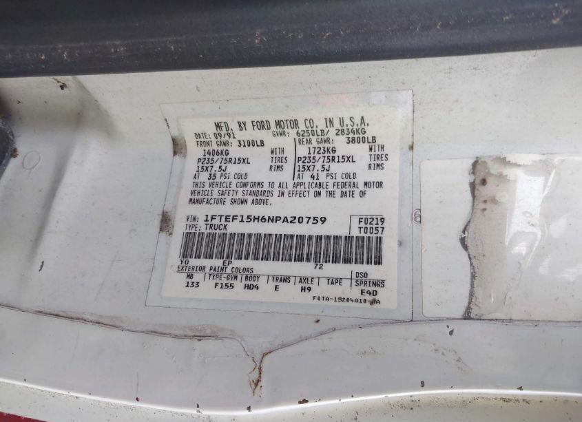 Photo 9 of 1992 Ford F150 (VIN 1FTEF15H6NPA20759)