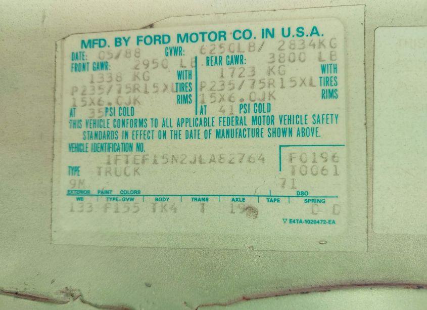 Photo 9 of 1988 Ford F150 (VIN 1FTEF15N2JLA82764)