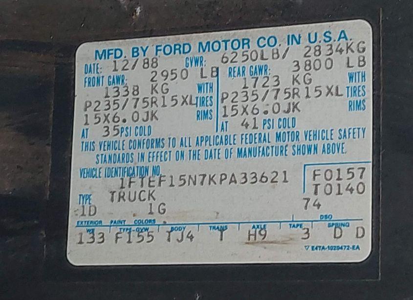 Photo 9 of 1989 Ford F150 (VIN 1FTEF15N7KPA33621)