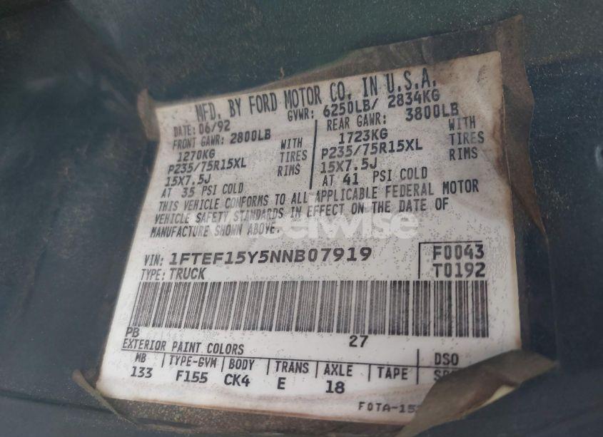 Photo 9 of 1992 Ford F150 (VIN 1FTEF15Y5NNB07919)