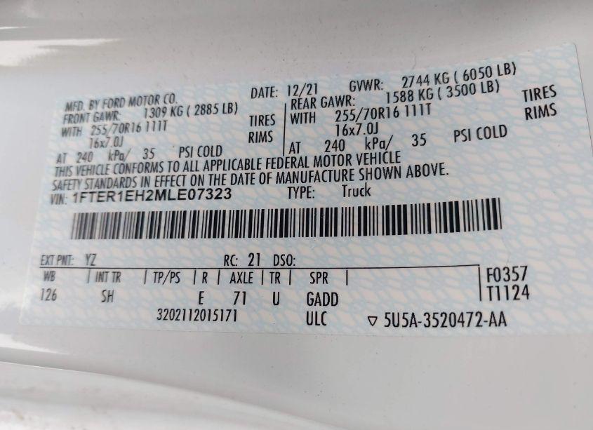 Photo 9 of 2021 Ford Ranger XL (VIN 1FTER1EH2MLE07323)