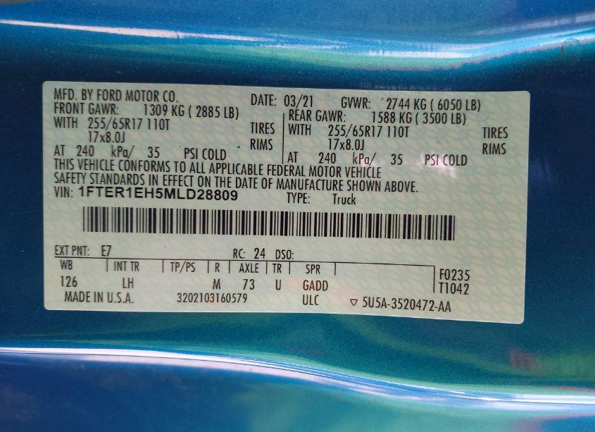 Photo 9 of 2021 Ford Ranger XLT (VIN 1FTER1EH5MLD28809)