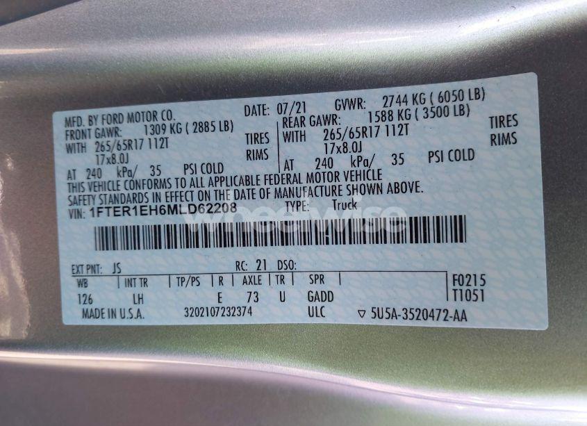 Photo 9 of 2021 Ford Ranger XL (VIN 1FTER1EH6MLD62208)